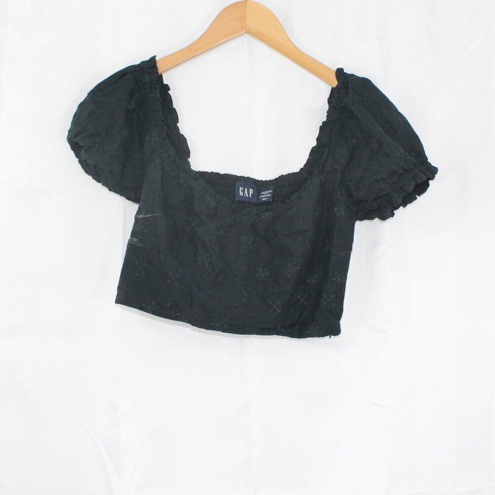 Gap Cotton Black Crop Top with Puffy Sleeves and Embroidered Patterns
